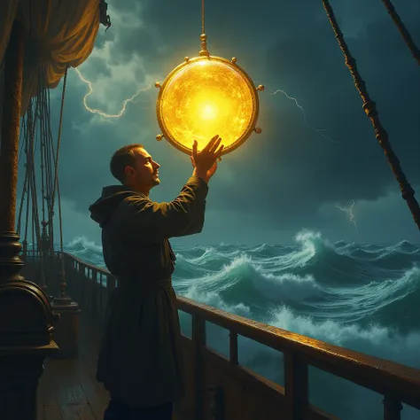 "Depict a view of the Starstone in the hands of a sailor on the ship’s deck during a raging storm. The Starstone, an ancient gem with perfect yellow sphere with a soft, mystical glow. It is enclosed in a brass circle The size is 30cm in diameter. Only one ...