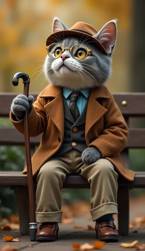  The 70-year-old human cat ,  with slightly greyish fur mixed with some white threads ,  is sitting elegantly on bench , , conveying a calm and experienced appearance .  Its feline face is adorned by small gold-framed glasses ,  resting on the tip of the s...