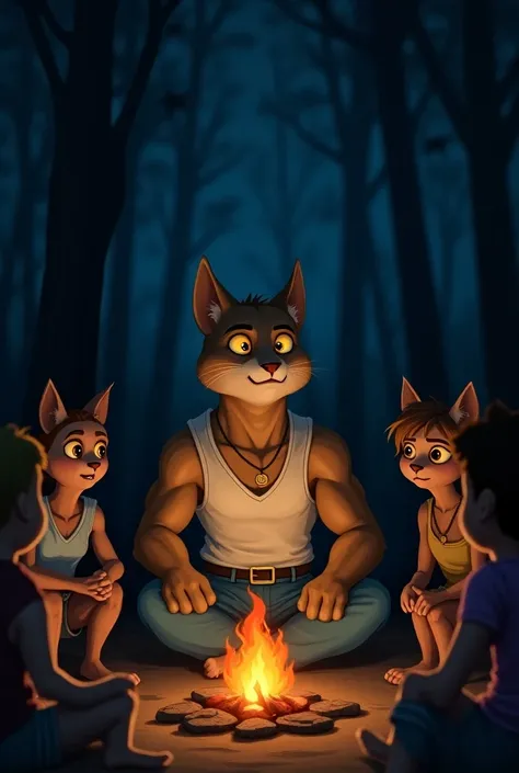 Illustrate Billa, a muscular anthropomorphic cat with a white vest, blue jeans, and expressive yellow eyes, sitting with villagers around a campfire at night, listening intently as they tell the story of a feared chudail. His face is curious but serious, w...