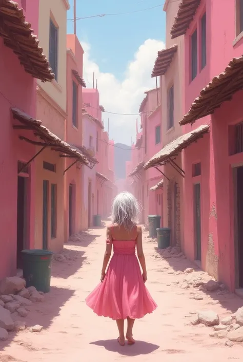 A woman with white disheveled hair wearing a simple pink dress similar to traditional cloaked clothes is walking in the predominantly pink candy royal city which has low-quality building structures and short building heightswith a sad expression looking at...