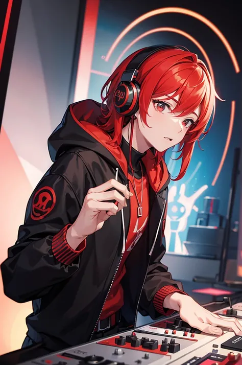 A stunning, colorful artwork featuring , leader boy with red headphones, red hair and black jacket with hood and Dj music. The masterpeace is wonderfull and The scene takes place in an enchanted magical .4k full HD 
