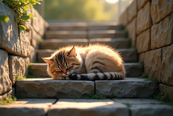 a sleeping cat on stone steps, fluffy tabby cat, curled up on a stone staircase, warm afternoon sunlight, architectural background, stone walls, detailed fur texture, feline grace, tranquil atmosphere, natural lighting, photorealistic, 8k, highly detailed