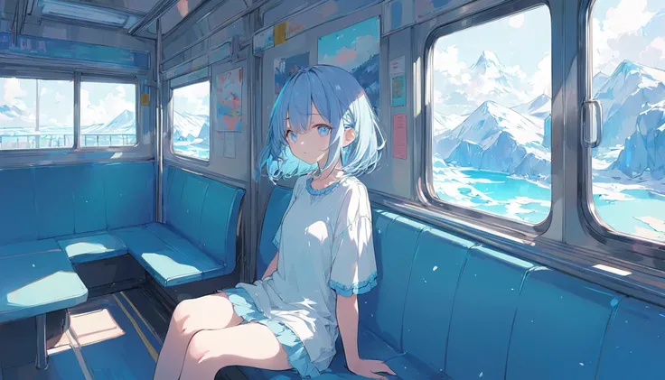 Illustrator, anime ,sketch 、 pastel colors, imaginary、 Deep blue world、Wide view from train window、woman、shirt、 textured trim , (masterpiece, best quality)