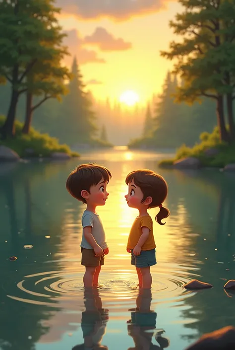  Image of a boy and a girl in a calm lake ,  with surrounding trees and the sunset creating a soft light. They have curious and friendly expressions ,  looking at each other.