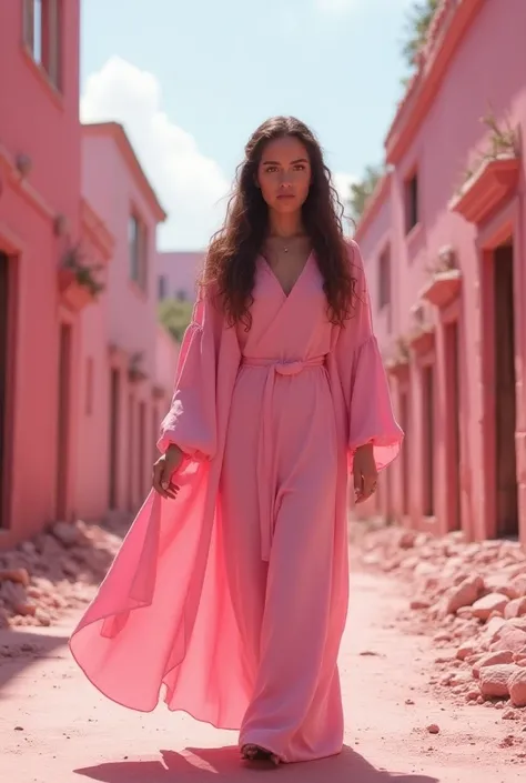 A woman with long slightly curly hair in white wearing a simple pink dress similar to traditional cloaked clothes is walking in the predominantly pink candy royal city which has a low quality building structure and short building height with a sad expressi...