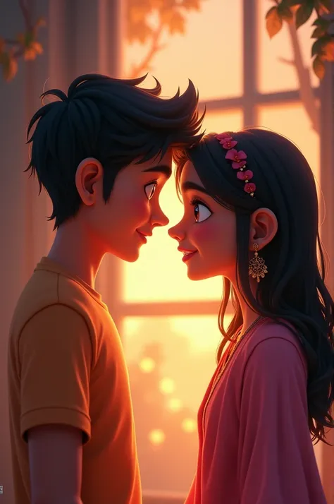 In Cinematic 3d cartoon style "In just a few days, so much had changed during the meetings between Ansh and Radhika. Radhika felt a special peace in Anshs eyes, as if there had never been a storm in his world. Ansh was also very impressed by Radhikas simpl...