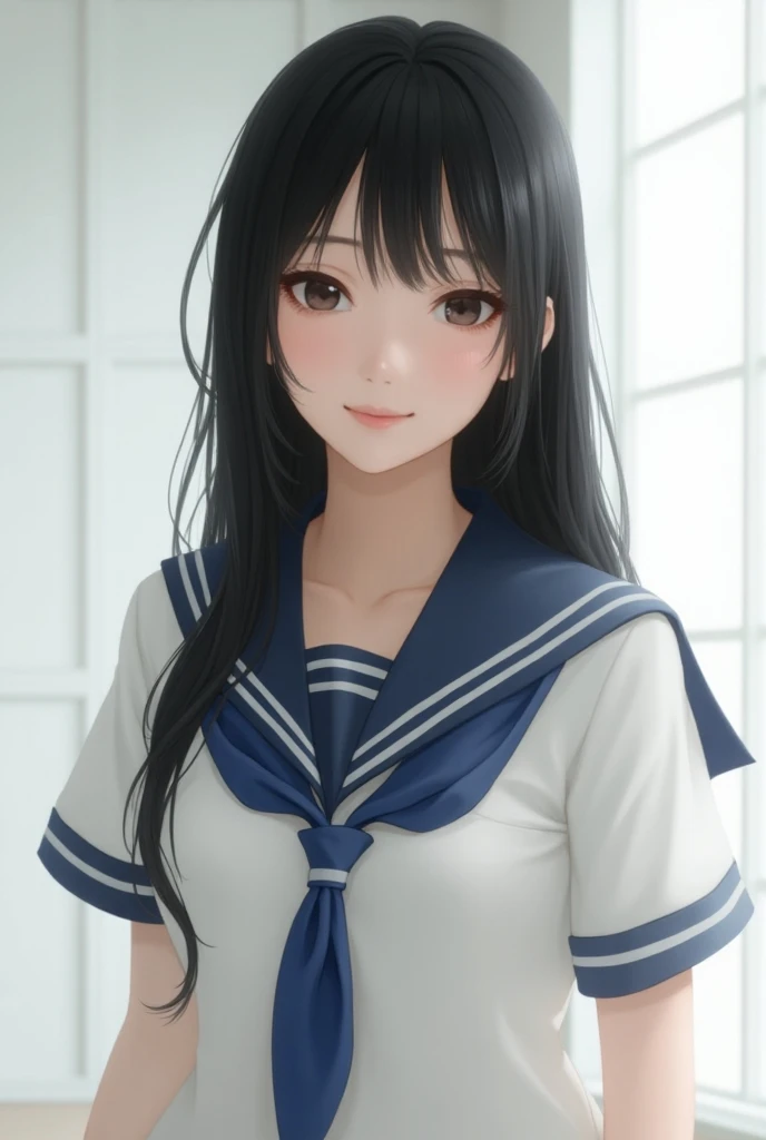  dark hair semi-long 、 big breasts at the temple、 sailor suit、Innocent girl 、Black eyebrows、 Japanese Women、 looks straight at me and smiles、Beautiful woman、 simple background、 white room