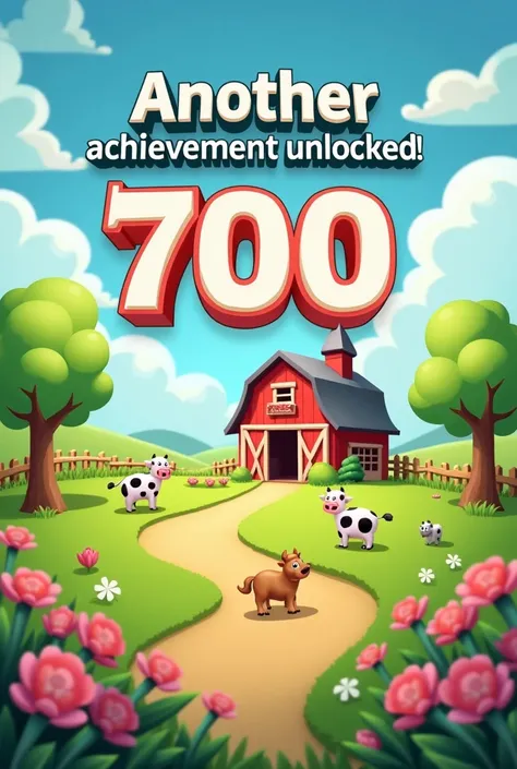 Another achievement unlocked! Written on image, 700 members in! Wriitten on image, farm theme, cartoonized