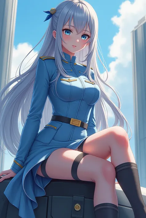  Beautiful sexy anime girl , with light blue military clothing with a Uruguayan theme,sitting on top of a  