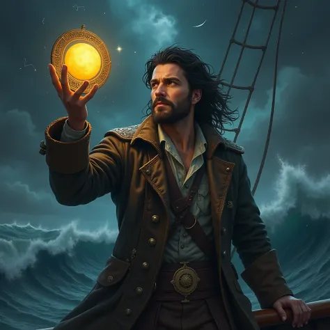 Create a hyper-realistic rendering of Elias with soulful, weathered features, deep-set eyes, and wind-tousled dark hair. He should be dressed in a weathered captains coat with embroidery that mimics constellations. Display a look of longing and deep though...