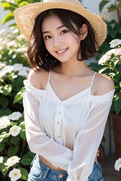 Big Eyes, Cute Oku Futage , Happy woman surrounded by flowers , Unvolume ,  pretty atmosphere , Short hair with outward curls, Talented ,  cute smile,  very detailed woman ,  detailed hair,  Highly Detailed Faces and Eyes , Precise Representation,  thin li...