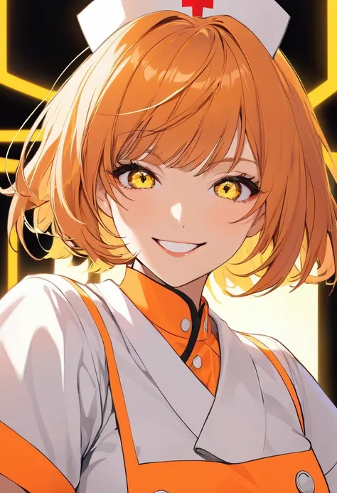  cool adult woman 、 orange short hair and yellow eyes、nurse、Neon Background、  fearless smile  、( face close-up)