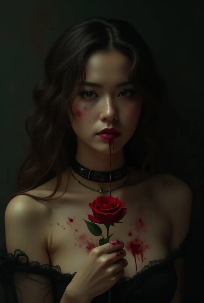 a beautiful woman being a sex slave with a collar and a red rose on her hand with blood 