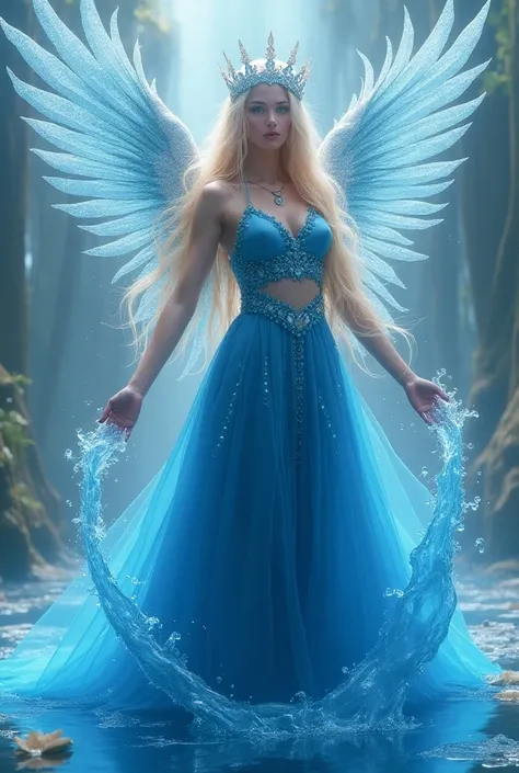 Create one with blond hair blue eyes a crown of water and diamonds a royal blue outfit Big wings power of water water in the hand