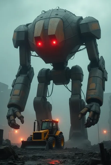 A big monster robot which is four legged with red lights burning on it and an old one is being pressed on top of it with the bucket of a JCB. In the background there is a place like ruins, it is night time and the lights are dim