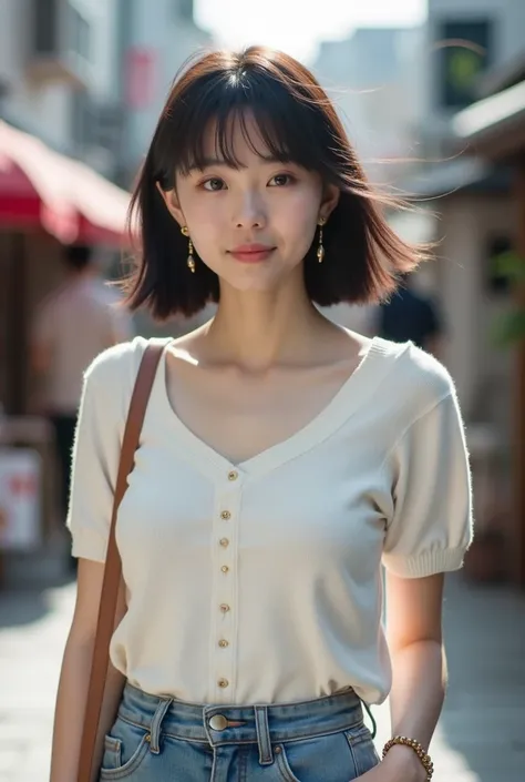  beautiful Japanese women 　double eyelid　 real　20-year-old college student　Plump Breasts　White knit　bangs　 short bob　Black-brown hair color　Gold earrings　 gold bracelet　casual wear　 upper body　1 person　 Im looking at this　Walking along Kyoto Shijo Street 