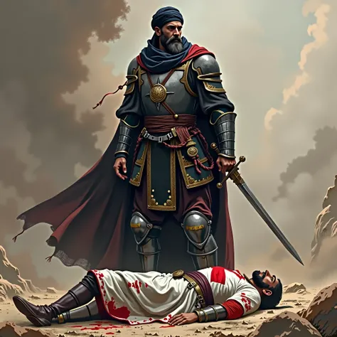 Salahuddin, jo Black muslim Armor, aur black turban scarf pehne, hath me talwaar liye khada hai, chere pe gusse k expression hain uske, uske niche zameen pe ek body padi hui hai jo white Armor pehne hai, aur uske Armor pe red plus sign bana hai, fauji k up...