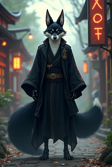 Nine-Tailed Fox,Male,black,uniform, Disney Style,There is an XOF signboard.