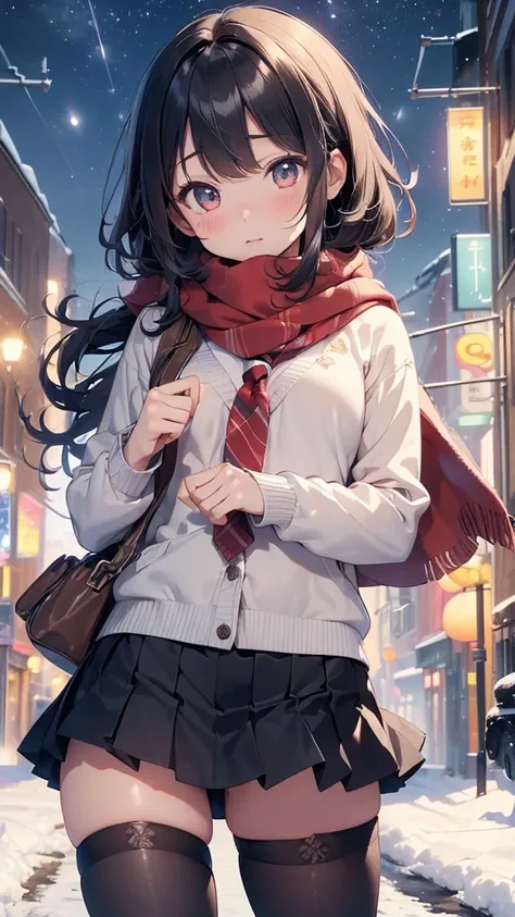 (((masterpiece,  Hi-Res, Best Quality,  anatomically correct,  high detail ,  Ultra High Definition,)))、（high angle 1 .2）、kawaii、JK、Winter uniform、 Its Snowing 、Snow Scene、 in the city at night、Cardigan、scarf、 scarf to hide your mouth、mouth on scarf、（scarf...