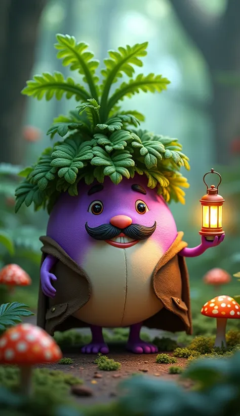 A charming character resembling a small, round turnip stands in a vibrant forest. They have a purple and white, bulbous body with leafy green hair on top, dressed in a rustic cloak. One hand clutches a tiny lantern, illuminating their smiling, mustached fa...