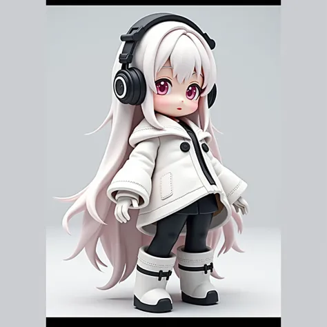  close-up of doll with headphones on white background, The photo is by Shitao,  has become a hot topic in the CG Society, Neo-Dada, from  arknights, style as  Nendoroid ,  arknights,  Nendoroid , )  in Good Smile Company anime style ,  Nendoroid  3 d, Anim...