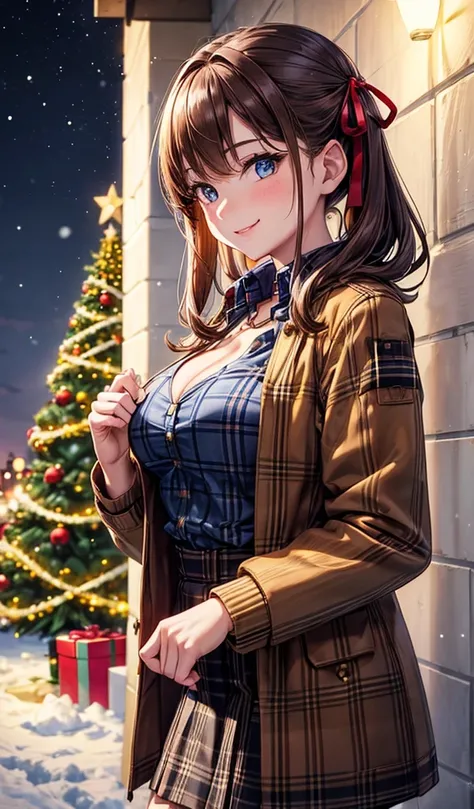 1girl, ((mature girl)), solo, christmas, ((christmas tree)), street, night, lights, snow, brown hair, side hair, large breasts, button down, ((brown winter jacket)), dark blue eyes, ((blue checked shirt)), ((unbuttoned shirt)), cleavage, skirt, smile, look...