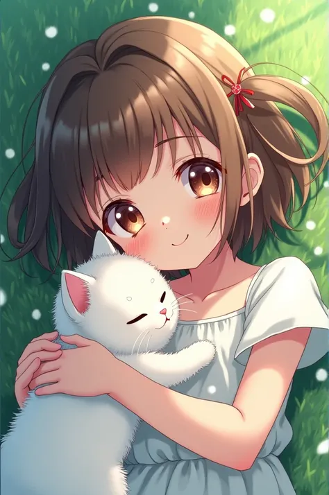  anime hd girl Close-up of a better masterpiece :1.5)0.9],  a cute   , ages 4 to   ,short brown hair , wearing a pretty little white dress  ,fresh smile  ,big round eyes , eyes reflecting the sky high and blue  , lying on the lawn  , hugging a white fluffy...