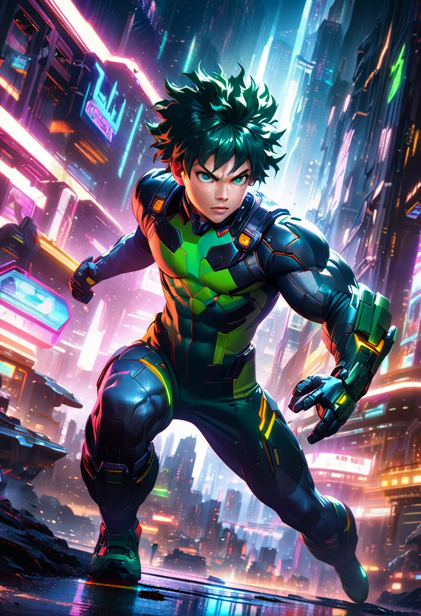 izuku midoriya, deku, 1 boy, green hair, freckles, green eyes, determined expression, futuristic hero costume, full body, detail...