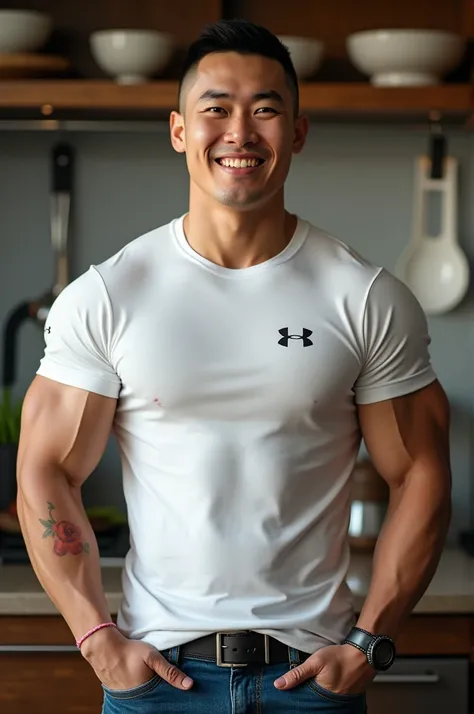 1 man, ทรงผม Crew Cut, smile showing teeth, full body, (Wearing a tight white round neck t-shirt from the Under Armor brand.), Jeans, Korean people , korean men, (high glossy details), chest muscles, large arm muscles, blood vessel, big muscles, Broad shou...