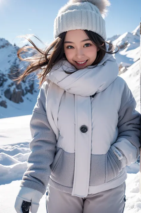 8k, RAW photo, best quality, masterpiece:1.2), (realistic, photo-realistic:1.4), (extremely detailed 8k wallpaper),A beautiful anime-style girl riding a snowboard down a snowy mountain. She has flowing, pastel-colored hair peeking out from under a cozy win...