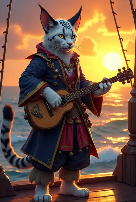 An anthropomorphic feline humanoid called a Tabaxi from Dungeons  Dragons, standing on the deck of a pirate ship during sunset, playing a shamisen. He is a 33-year-old bard and pirate with sleek black and white fur resembling that of a snow leopard. His ey...