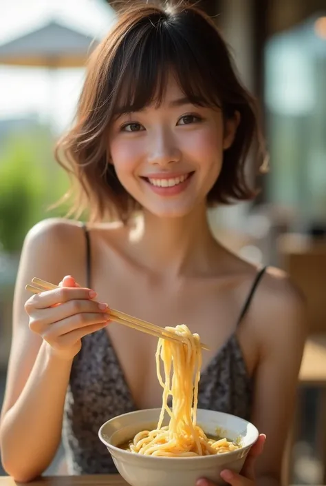 ((best quality)), (detailed), 1girl, 
Japanese beautiful woman,Brown sweater、 face up 、From the neck up、Bangs falling on face、The white light of sunlight 、Beauty、Beauty、Idol-like face、 has big eyes 、The mouth smiles、slim、 slender、 has movement and is impre...