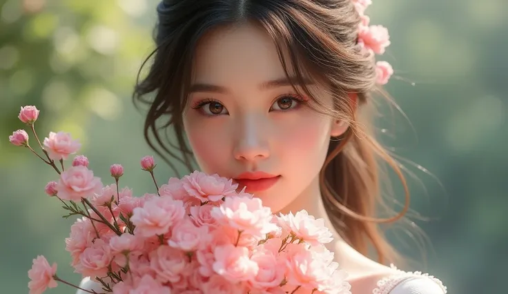 Beautiful girl with brown hair, similar to Hanni Pham, dress with cute white embroidery, holding a bouquet of pink flowers and showing it to the viewer