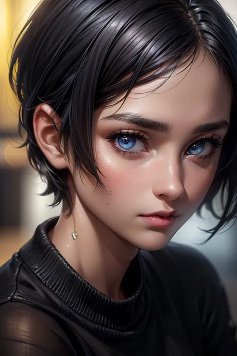 ( artwork:1.3), (8k,  photorealistic , RAW photo,  best quality : 1.4), (1 girl), beautiful face, ( realistic face ), ( black hair ,  short hair:1.3), beautiful hairstyle, realistic eyes, lindos olhos detalhados, (pele realista), beautiful skin, (Sweater),...