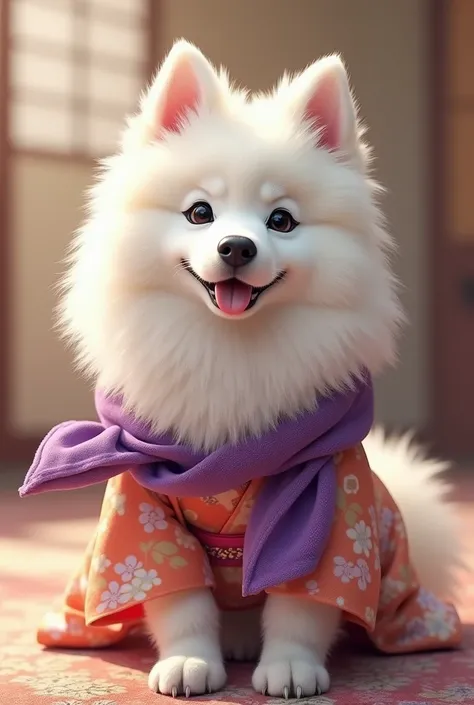 A cute white Samoyed dog is wearing a kimono and a purple scarf