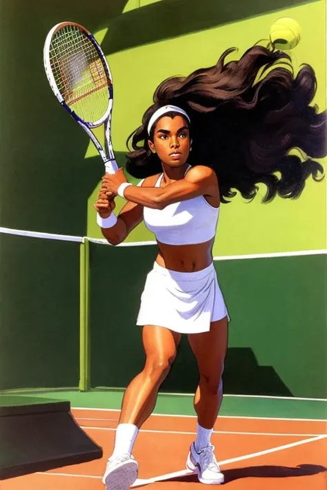 Arte estilo John Buscema,A beautiful long-haired black tennis player wearing a short white tunic, sneakers fit for the sport and holding a tennis racket on a totally empty court, de um dia ensolarado