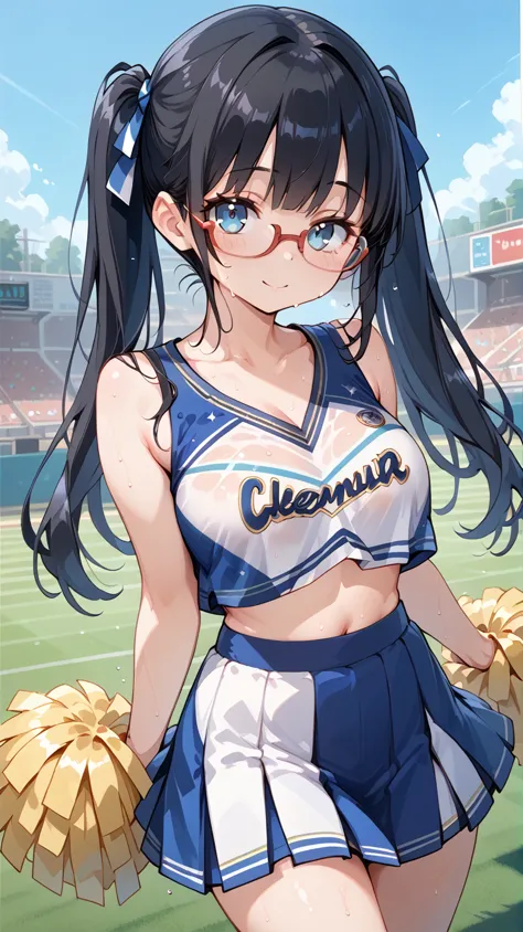 black hair, long hair,pigtails,glasses, cheerleader, cheerleading,sweaty,lawn