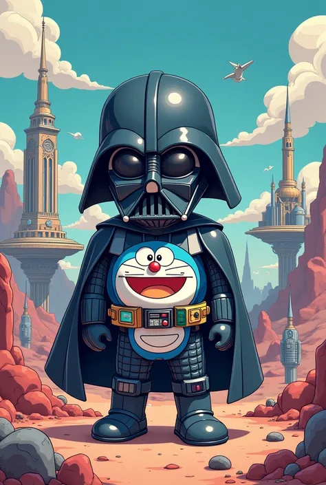 A creative multi-face swap illustration featuring Doraemon and Darth Vader, combining their iconic features in a playful and surreal manner. The background should be a vibrant sci-fi landscape with a blend of futuristic and cartoonish elements, showcasing ...