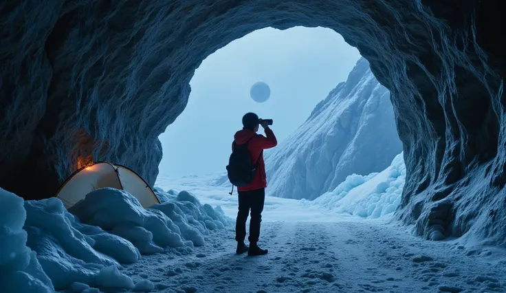 A person stands in a dark cave, wearing a red jacket, taking photos of an icy cave with ice and snow, and shooting through an ice planet. Mark Adams and Jessica Rossiers concept art is a stunning, epic visual effect. The amazing photographs are real concep...