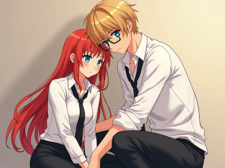  the dirty blonde has redhead fingers 、They wear black-rimmed glasses 、 wear black pants 、 unbuttoned his white shirt 、 the realistic dirty blonde blue-eyed guy in the anime 。 with a redheaded girl 、 the dirty blonde is behind her 、 show them in their 30s ...