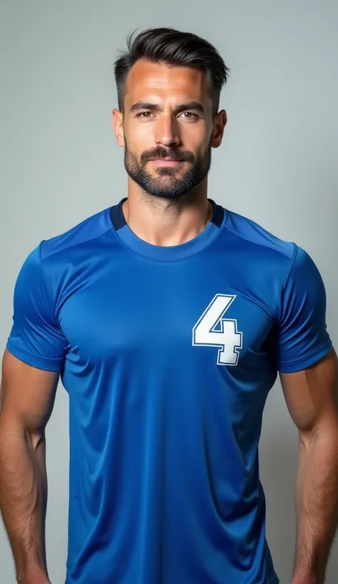 Man in blue clothes with number 4 on his chest 