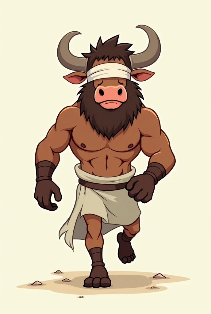 cartoon of a minotaur walking forward with clothes on and a blindfold 