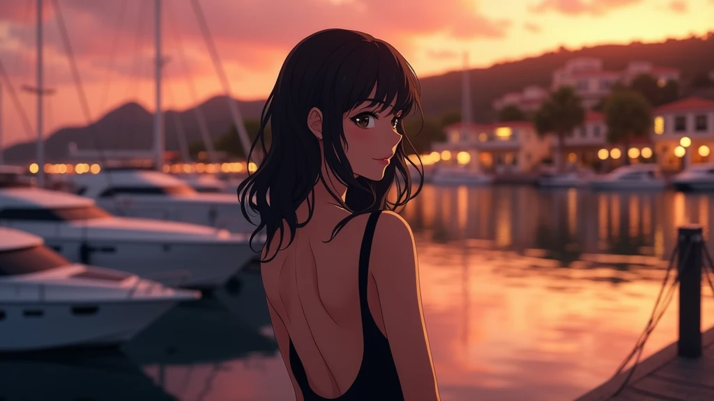 anime style: Incredibly realistic and highly detailed, realistic cinematic photo of very beautiful woman in her 30s
Wearing an elegant black dress with an open back., standing on a dock at sunset, looking over her right shoulder with a slight smile. Backgr...