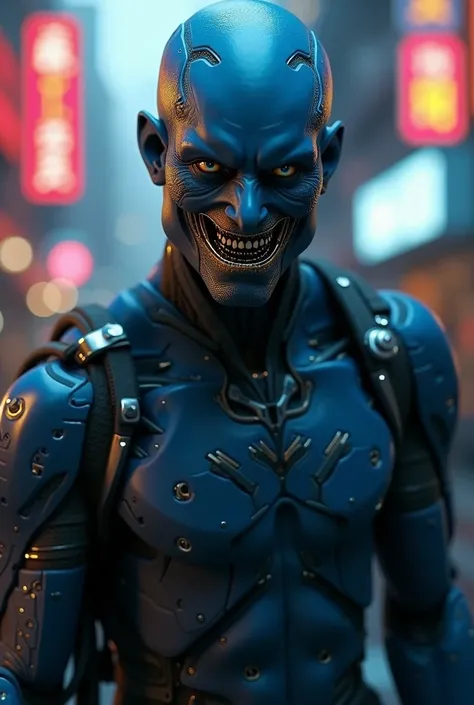 A blue male cyborg with gold teeth with the name Lex on the front 