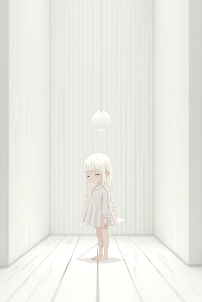 `White shirt dress tee , I have a white stick in my hand, Long white straight hair , small head, 머리카락 한 가닥  is standing,  Eyes Closed ,  small white eyebrows, small neck , small mouth, small stature, small hands, thin hands, narrow shoulders,  small arms ,...