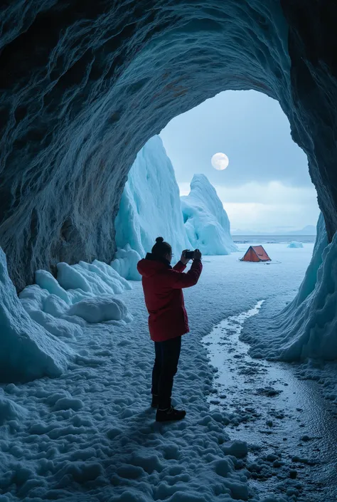 A person stands in a dark cave, wearing a red jacket, taking photos of an icy cave with ice and snow, and shooting through an ice planet. Mark Adams and Jessica Rossiers concept art is a stunning, epic visual effect. The amazing photographs are real concep...