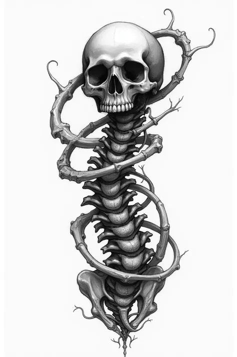 Black and white drawing of vertebrae wrapped around over a skull 