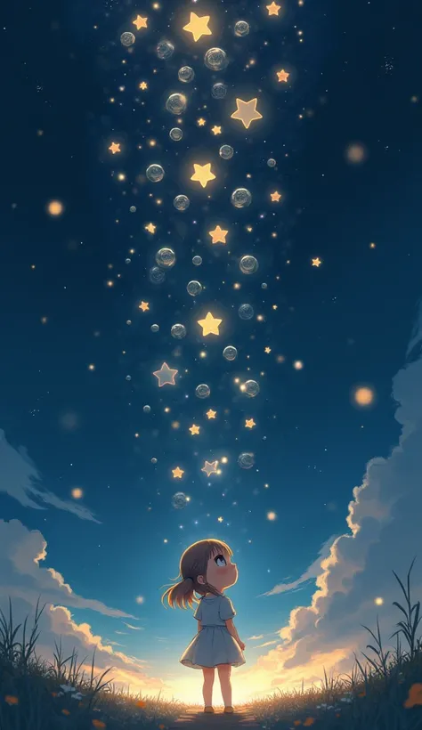 Stars and silver coins are falling from the night sky above a small girl, anime style.