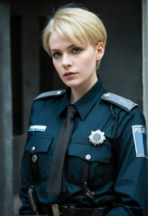 woman,  Short blonde hair , pale skin,  dark hair clothing, Big and defined body ,  wears German police clothing