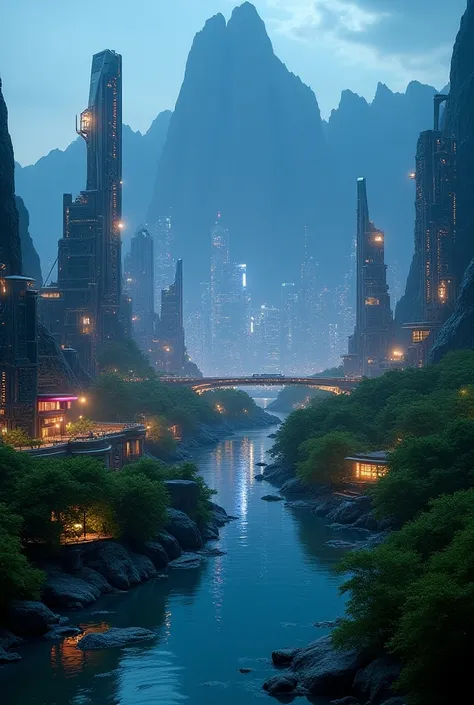 Technological city with lots of trees surrounded by mountains at night, And a river 